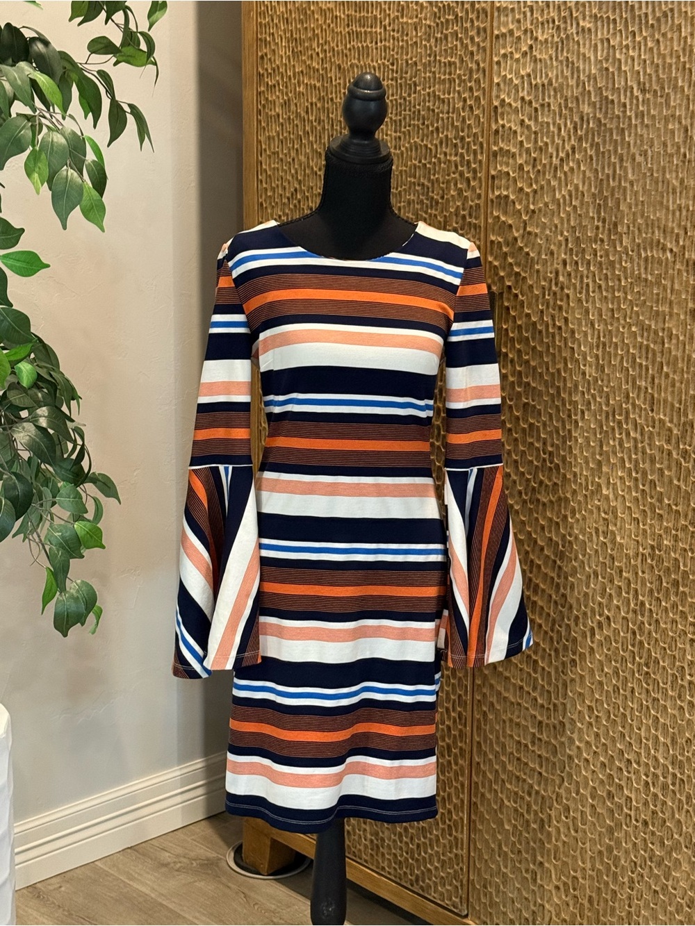 Sugarlips Striped Dress Flared Sleeves in Black, Cream, Orange and Blue.